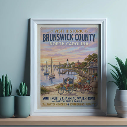 Vintage-style poster of Southport's Charming Waterfront, Brunswick County, North Carolina.