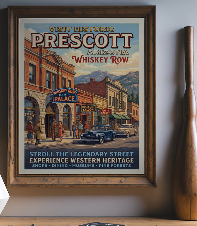 Vintage poster of Prescott Arizona Whiskey Row with vintage cars and people.