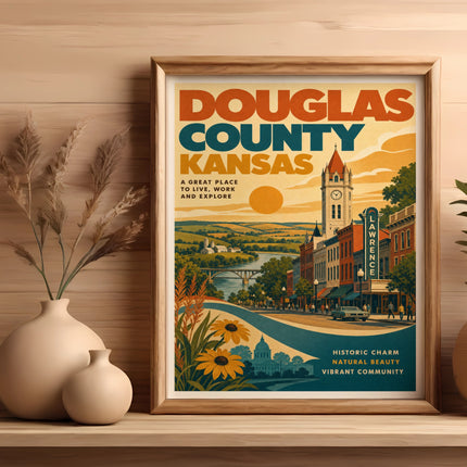 Douglas County, Kansas poster with Lawrence landmarks and vintage travel scene.