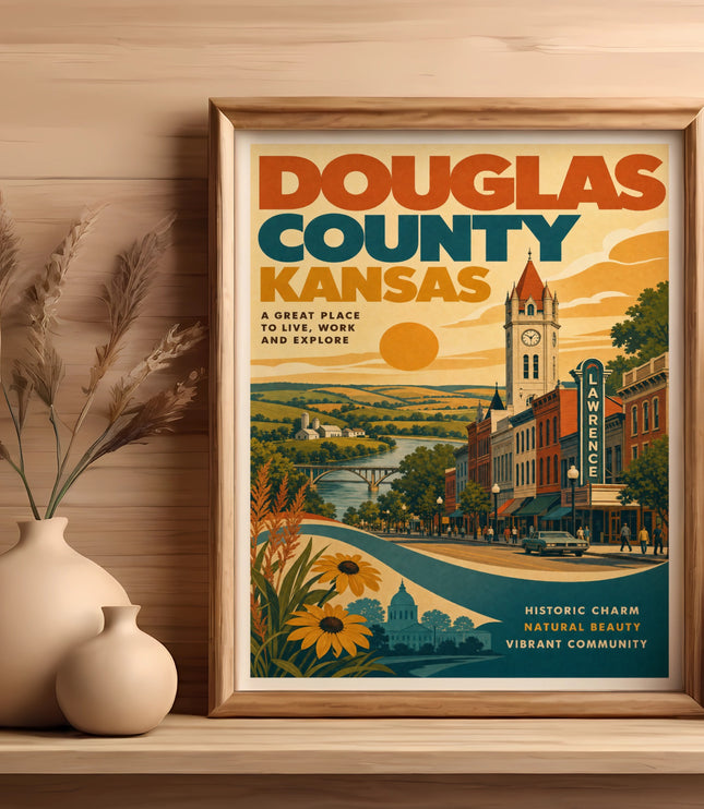 Douglas County, Kansas poster with Lawrence landmarks and vintage travel scene.