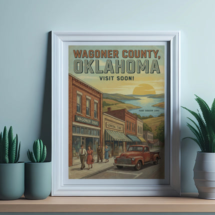 Vintage poster art of Wagoner County, Oklahoma, featuring a main street scene and Fort Gibson Lake.