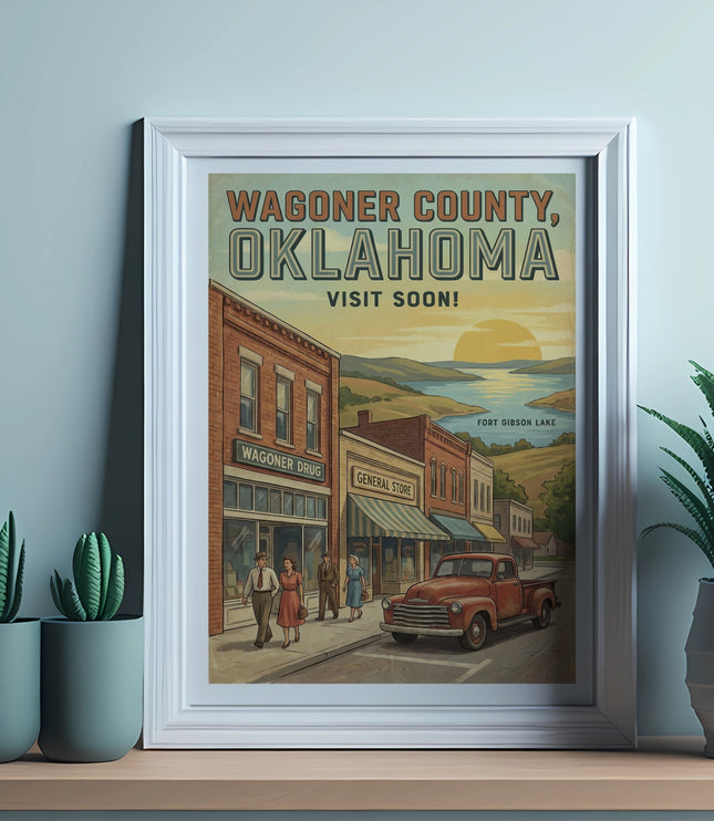Vintage poster art of Wagoner County, Oklahoma, featuring a main street scene and Fort Gibson Lake.