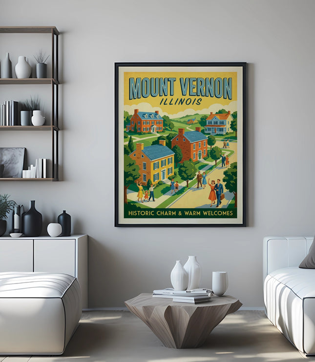 Vintage Mount Vernon, Illinois poster featuring art deco houses and people.