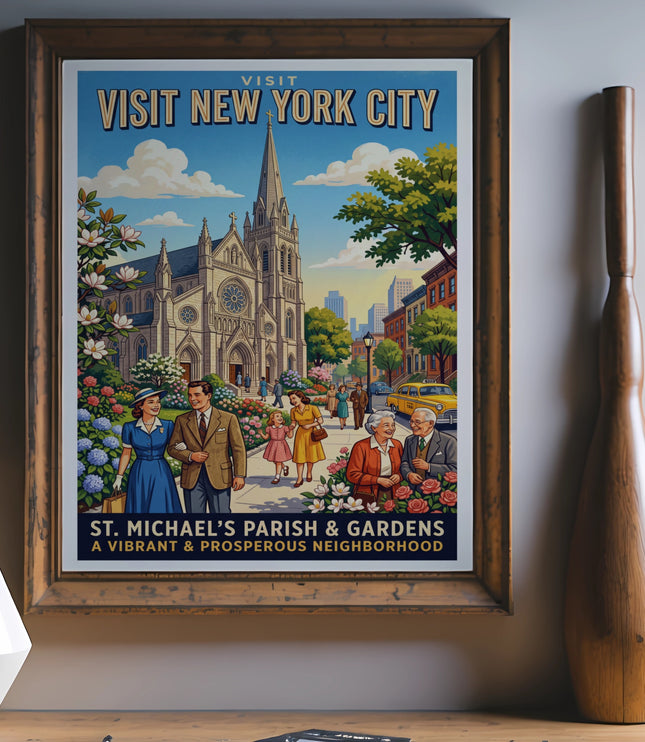 Vintage poster of St. Michael's Parish & Gardens, New York City with people and taxi.