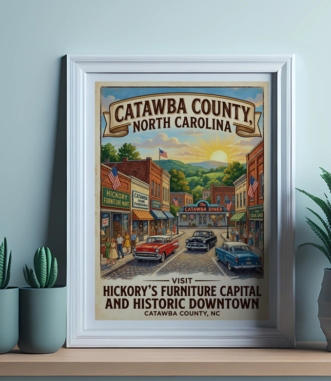 Poster of Catawba County, NC, featuring downtown street scene with businesses and cars.