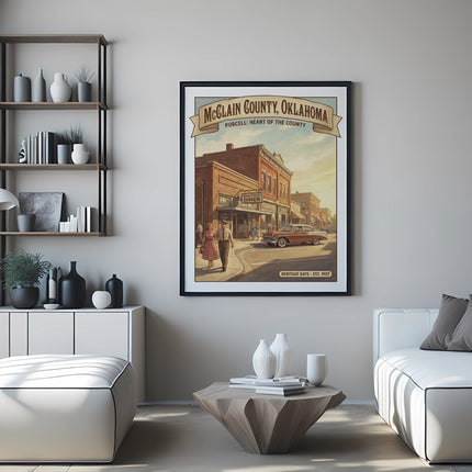 Poster of McClain County, Oklahoma with a diner and vintage car.