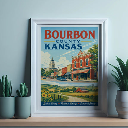 Bourbon County Kansas poster featuring Fort Scott with vintage buildings and rural landscape.