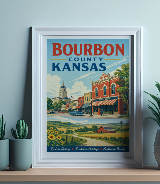 Bourbon County Kansas poster featuring Fort Scott with vintage buildings and rural landscape.
