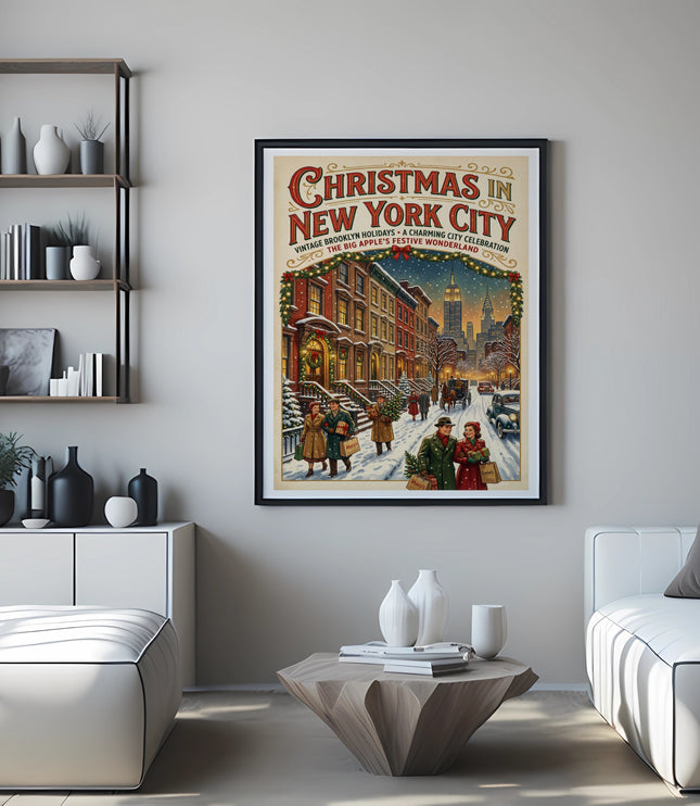 Framed "Christmas in New York City" vintage poster on a wall.