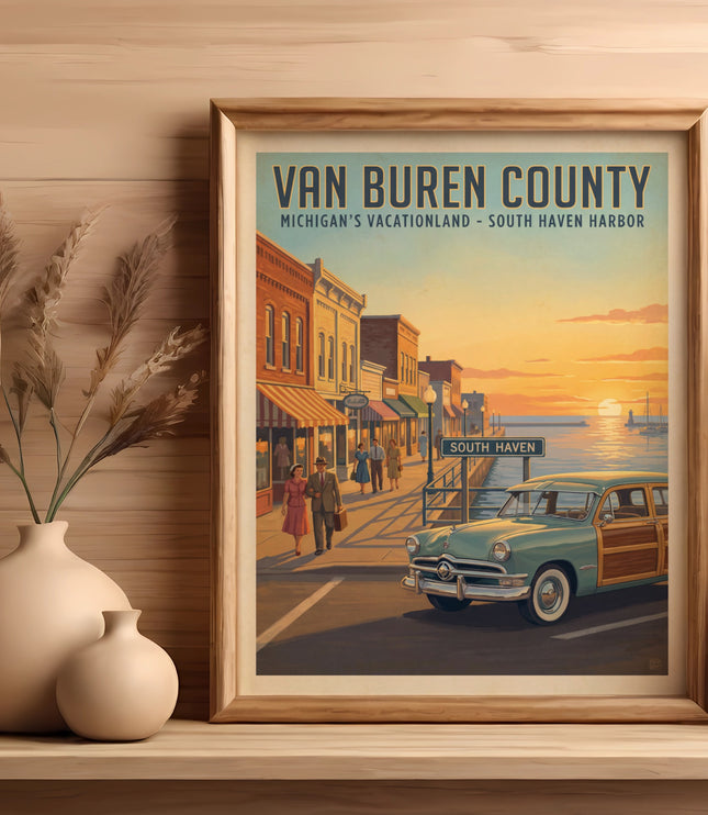"Van Buren County" poster shows a vintage car and people on a harbor street at sunset.