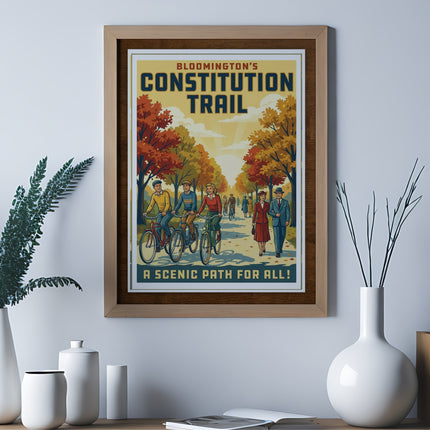 Retro poster of people cycling on Bloomington's Constitution Trail, a scenic path.
