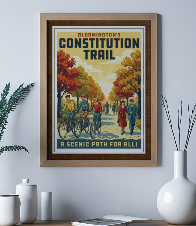 Retro poster of people cycling on Bloomington's Constitution Trail, a scenic path.