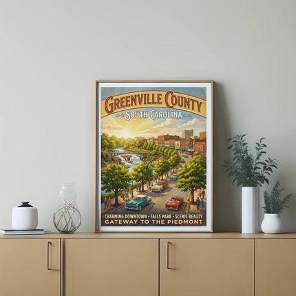 Greenville County South Carolina artwork with a waterfall, downtown buildings, and vintage cars.