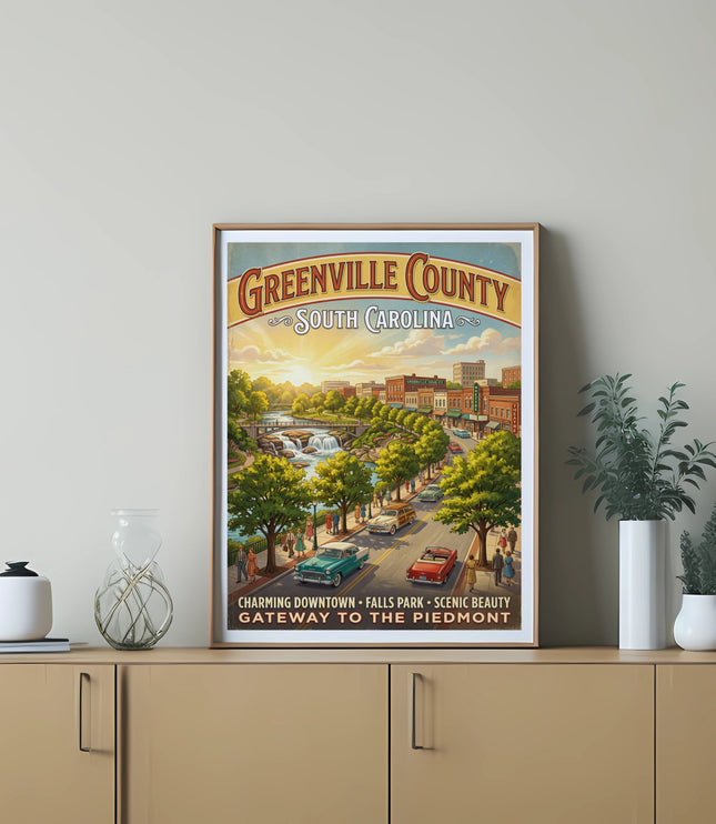 Greenville County South Carolina artwork with a waterfall, downtown buildings, and vintage cars.