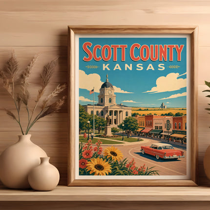 Vintage travel poster for Scott County, Kansas, featuring courthouse, main street, and car.