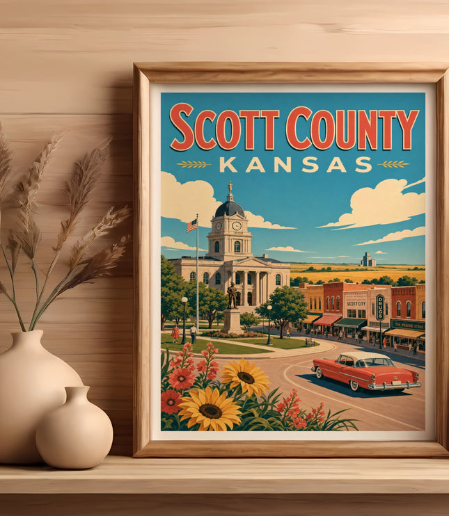 Vintage travel poster for Scott County, Kansas, featuring courthouse, main street, and car.