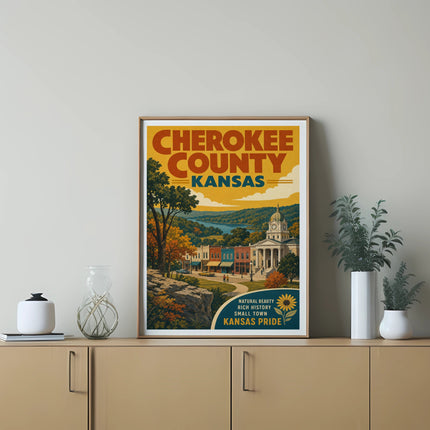 Cherokee County Kansas travel poster featuring town square and autumn foliage.