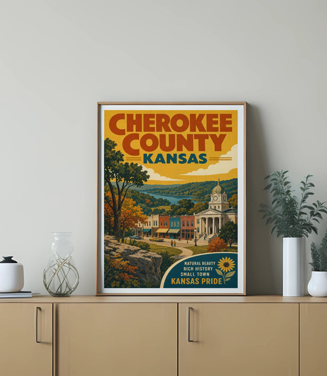 Cherokee County Kansas travel poster featuring town square and autumn foliage.