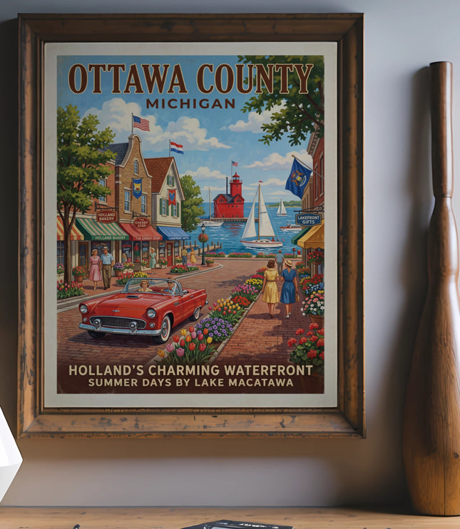 Ottawa County Michigan vintage poster of Holland's waterfront with red classic car.