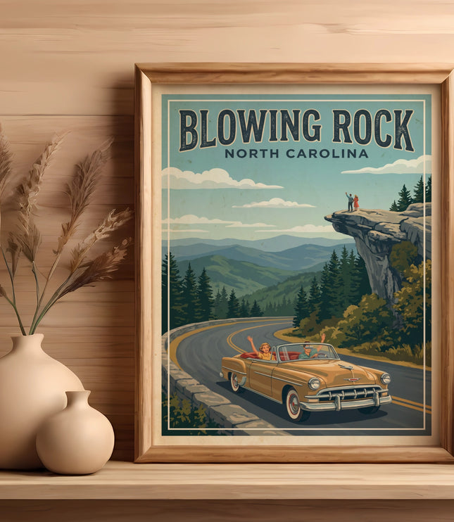 Vintage poster of Blowing Rock, North Carolina, with a car and mountain landscape.