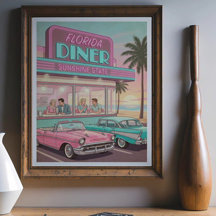 Retro illustration of vintage cars parked outside a "Florida Sunshine State" diner at sunset.
