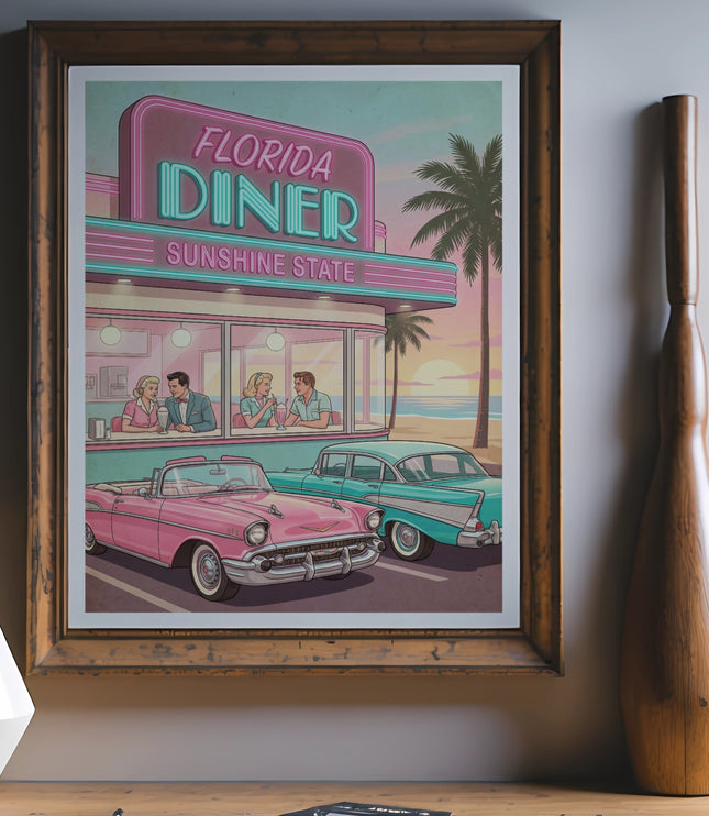 Retro illustration of vintage cars parked outside a "Florida Sunshine State" diner at sunset.