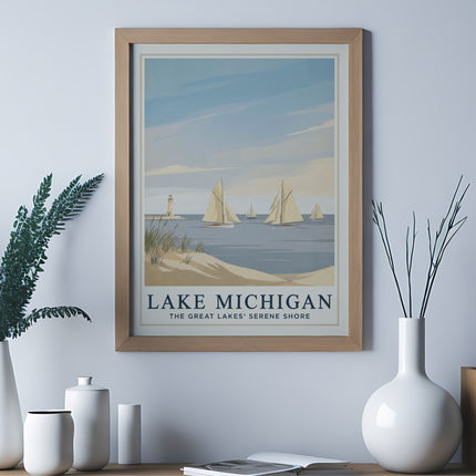 Vintage poster of sailboats on Lake Michigan with a serene shoreline.