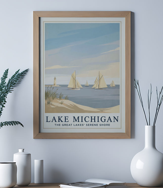 Vintage poster of sailboats on Lake Michigan with a serene shoreline.