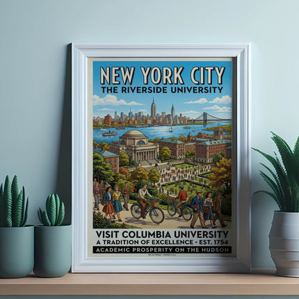 Vintage travel poster for New York City featuring Columbia University's riverside campus.