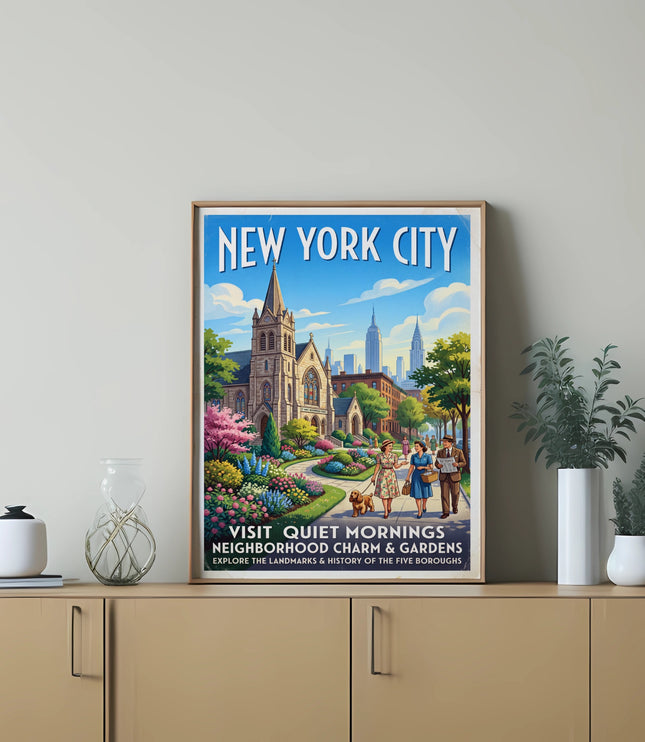 New York City vintage poster featuring a church, gardens, people, dog, and skyline.