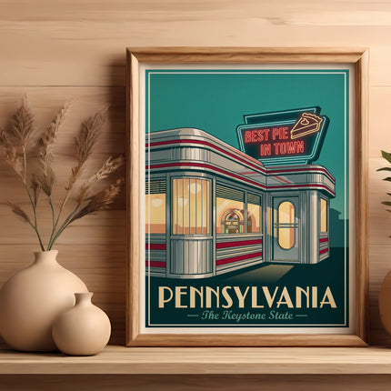 Retro diner poster with "Best Pie in Town" sign and "Pennsylvania" text.