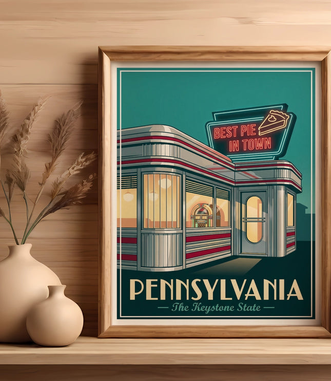 Retro diner poster with "Best Pie in Town" sign and "Pennsylvania" text.