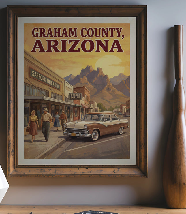 Vintage poster of Graham County, Arizona, featuring a classic car and Safford Mercantile.
