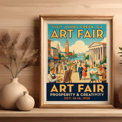 Johns Creek Art Fair poster with artists and buildings, Oct. 14-16, 1938.