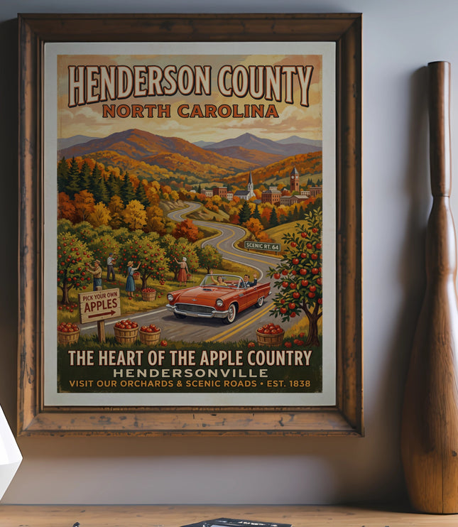 Henderson County North Carolina poster featuring apple picking and scenic roads.