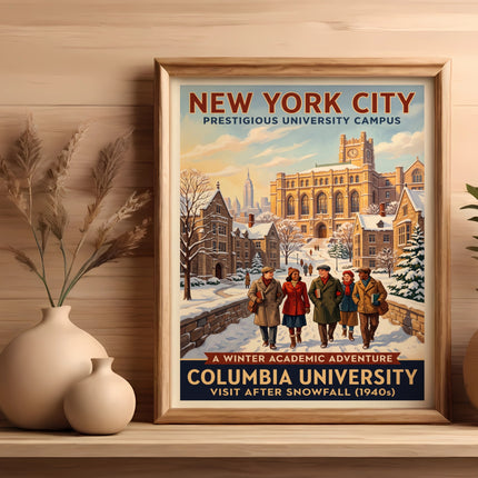Vintage travel poster for Columbia University campus in winter snowfall.