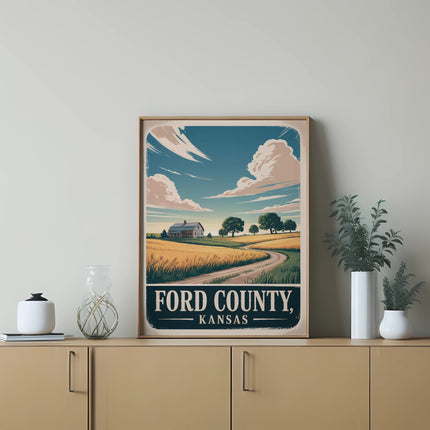 Vintage poster of Ford County, Kansas landscape with farm and trees.