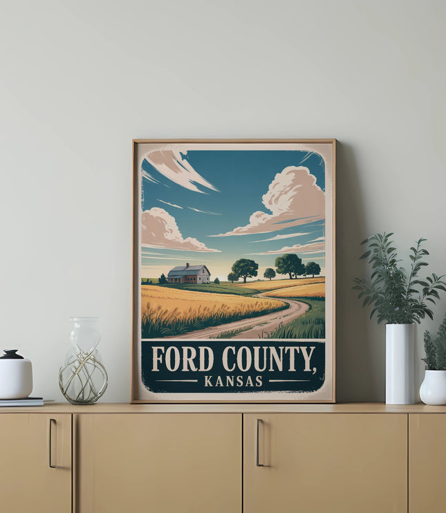 Vintage poster of Ford County, Kansas landscape with farm and trees.