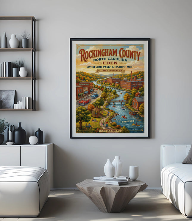 Rockingham County, NC Eden Riverfront Parks and Mills vintage poster.