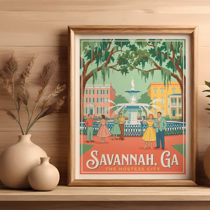 Framed illustration of Savannah's historic fountain with people, "The Hostess City."