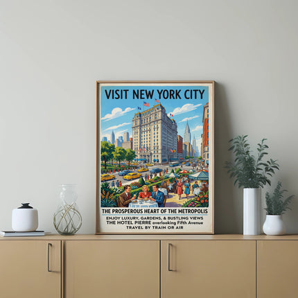 Vintage "Visit New York City" poster featuring the Hotel Pierre and Fifth Avenue.