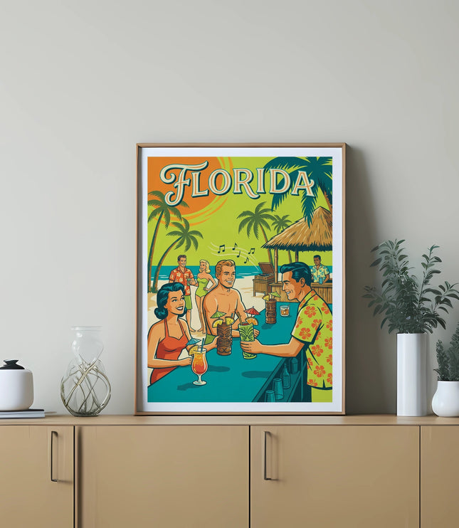 Vintage Florida poster with people drinking at a beach bar.