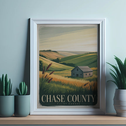Framed art depicting a rustic barn and rolling hills in Chase County, Kansas.