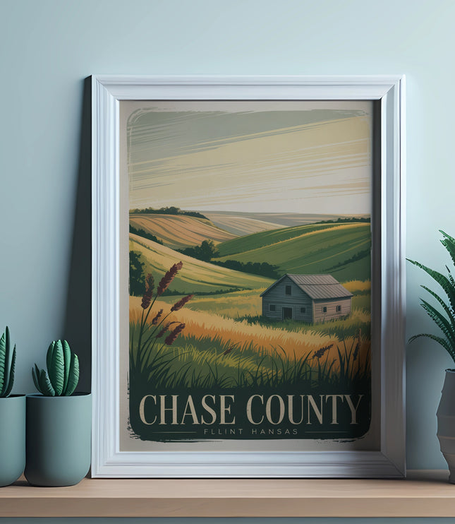 Framed art depicting a rustic barn and rolling hills in Chase County, Kansas.