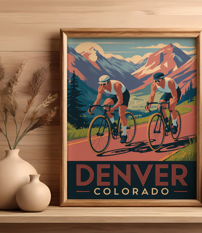 Two cyclists race in front of Denver, Colorado mountain landscape in framed poster.