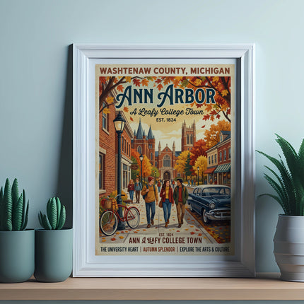 Vintage Ann Arbor poster depicts a leafy college town in autumn.