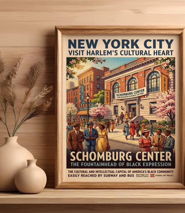 New York City poster featuring the Schomburg Center and people walking.