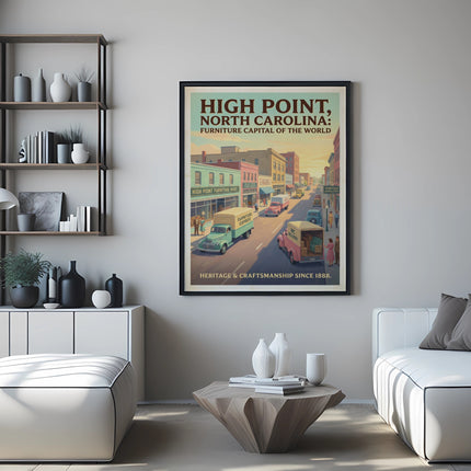 Poster of High Point, NC, showcasing vintage trucks and buildings with text.