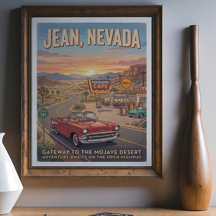 Vintage poster for Jean, Nevada, featuring a classic car on a desert highway.