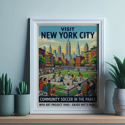 Vintage New York City WPA art poster: Community Soccer in the Parks, 1940.